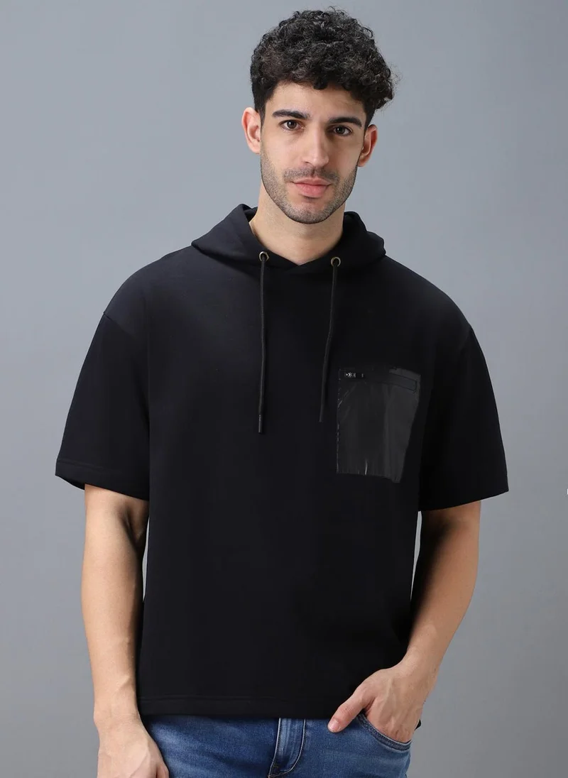 أوربانو فاشن Urbano Fashion Men's Black Cotton Solid Oversized Hooded Neck Sweatshirt